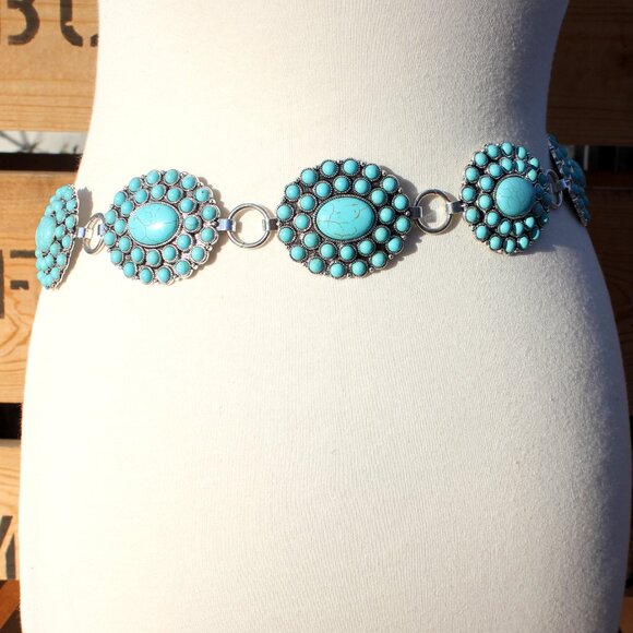 Western Turquoise Flower Concho Floral Oval Burst Medallion Belt L/XL by Tipi main image 5